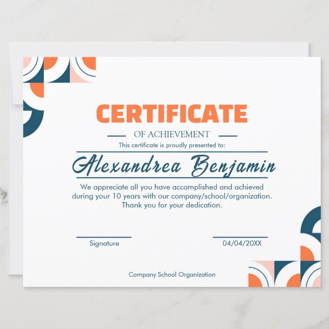 Lámina Modern Blue Orange Certificate of Achievement Prof (Anverso)