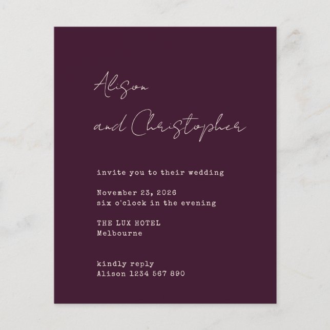 Lámina Modern Burgundy Elegant Script Wedding Invitation (Anverso)