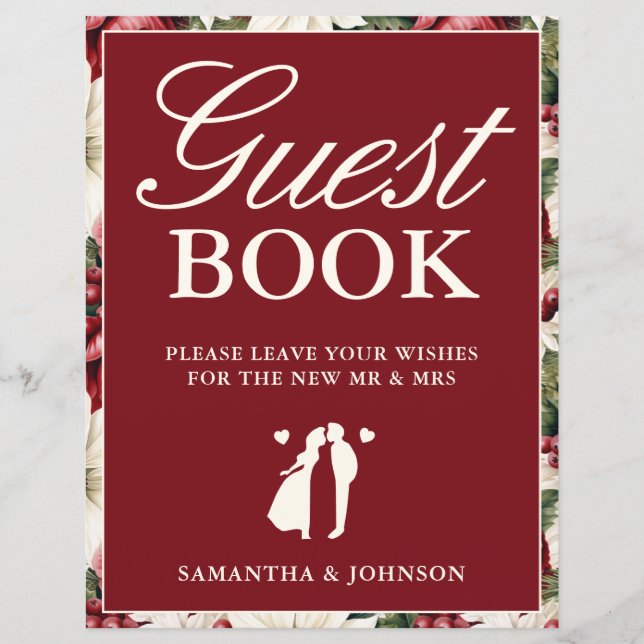 Lámina Modern Burgundy Floral Guest Book Wedding Sign (Anverso)