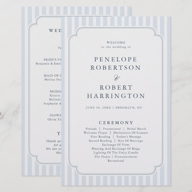 Lámina Modern Classic Stripes Dusty Blue Wedding Program (Anverso / Reverso)