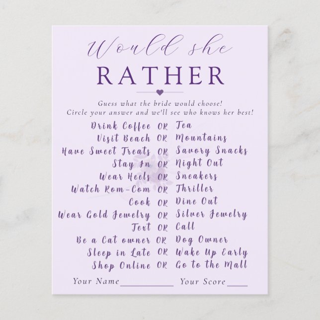 Lámina Modern Floral Would She Rather Bridal Shower Game  (Anverso)