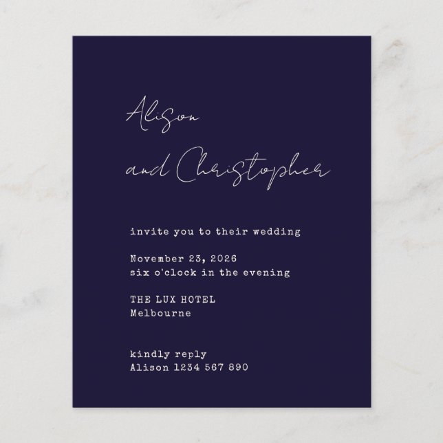 Lámina Modern Navy Elegant Script Wedding Invitation (Anverso)