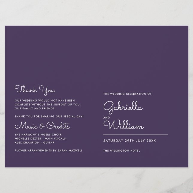 Lámina Modern Purple Minimalista Script Wedding Program (Anverso)