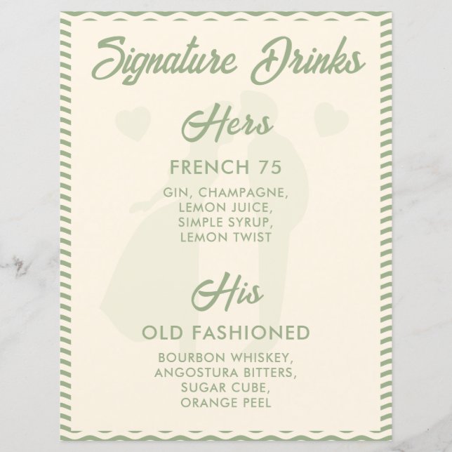 Lámina Modern Sage Green Signature Drinks Wedding Sign (Anverso)