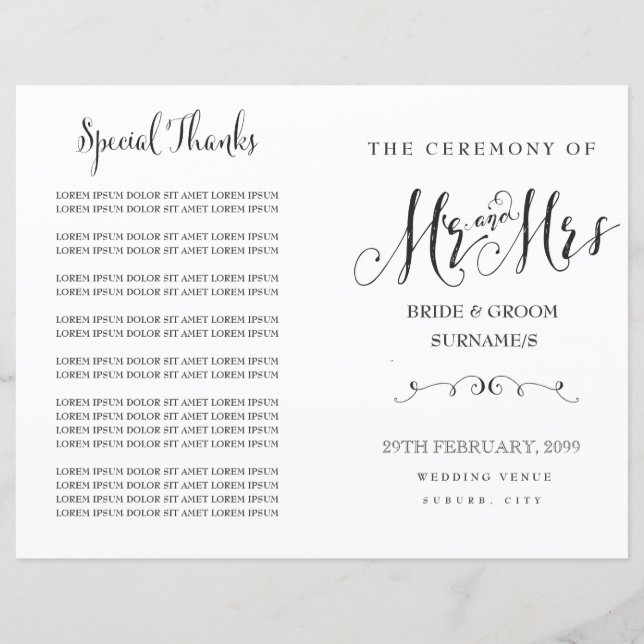 Lámina Modern Script Calligraphy Mr & Mrs Wedding Program (Anverso)