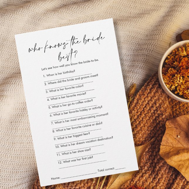 Lámina Moderno que conoce el mejor juego de ducha de novi (modern minimalist black and white "who knows the bride best" bridal shower game)