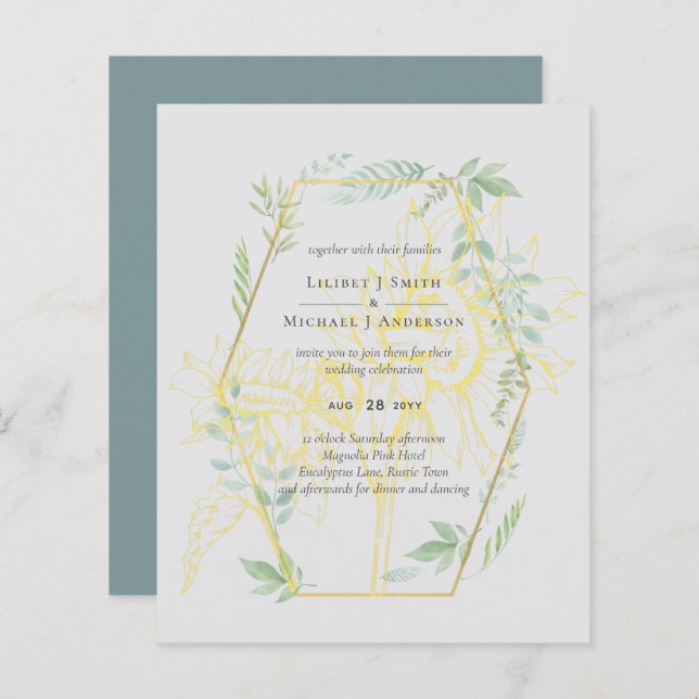 Lámina Moderno Sunflowers Greenery Sage Gold Boda (Anverso / Reverso)