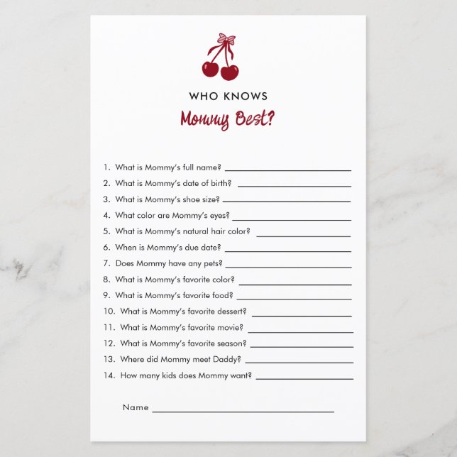 Lámina Mommy Knows Best Baby Shower Game Cherry Bow Red (Anverso)