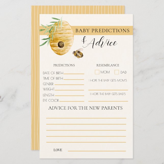 Lámina Mommy To Bee Yellow Baby Shower Prediction Game (Anverso / Reverso)