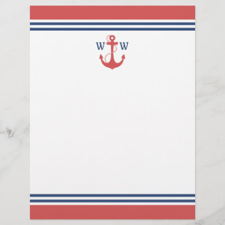 Lámina Monograma de ancla roja con bandas náuticas