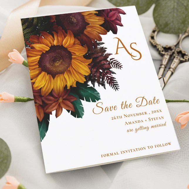 Lámina Monograma floral ruso Naranja quemado salva la fec (Rustic Burnt Orange Floral Monogram Save the Date)