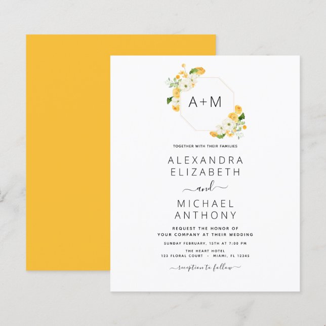 Lámina Monograma Naranja amarillo Boda floral (Anverso / Reverso)