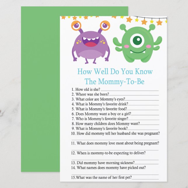 Lámina Monstruo ¿QUÉ TAN BIEN CONOCE EL juego de la ducha (Anverso / Reverso)