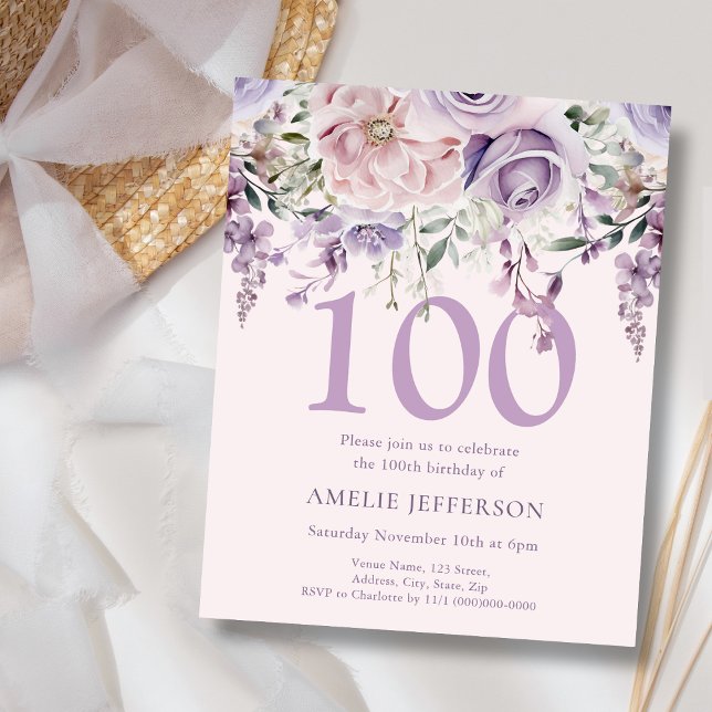 Lámina Morado Floral 100.ª invitación de cumpleaños al pr (Subido por el creador)