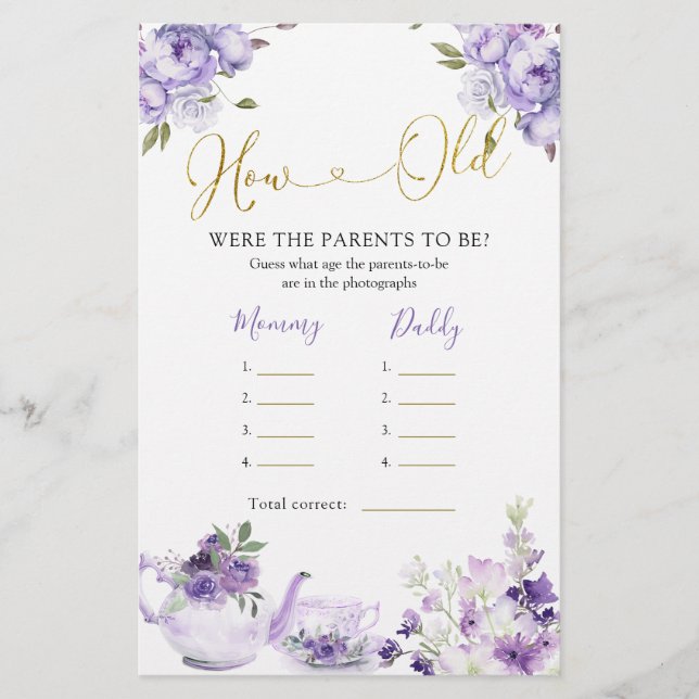 Lámina Morado Floral Baby Shower Tea Cómo Los Padres Viej (Anverso)
