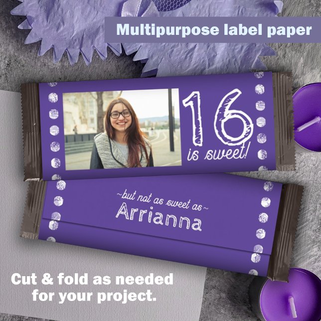 Lámina Morple Sweet 16 Cumpleaños Candy Bar Wrapper (Purple personalized candy bar label, sweet 16 chocolate bar wrapper customized party candy )