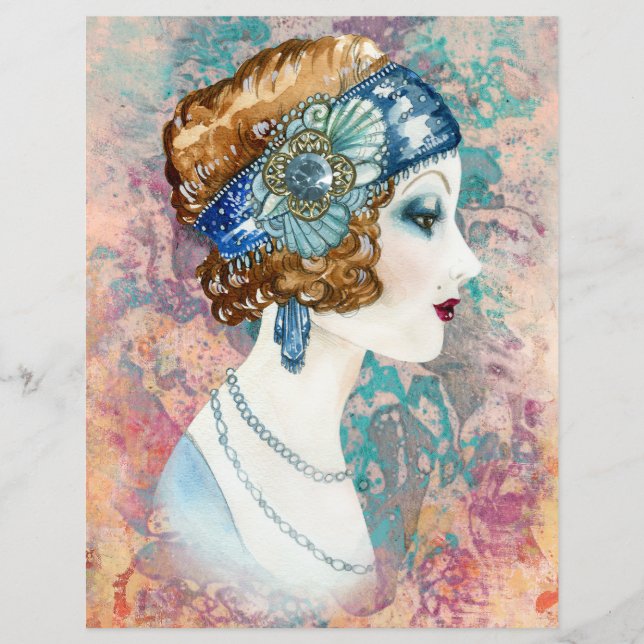 Lámina Mujer de la época de 1920 sobre papel antiguo (Anverso)