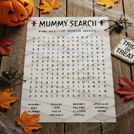 Lámina Mummy Word Search Halloween Juego de Baby Shower