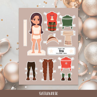 Lámina Muñeca de papel de Navidad niña morena vestido de