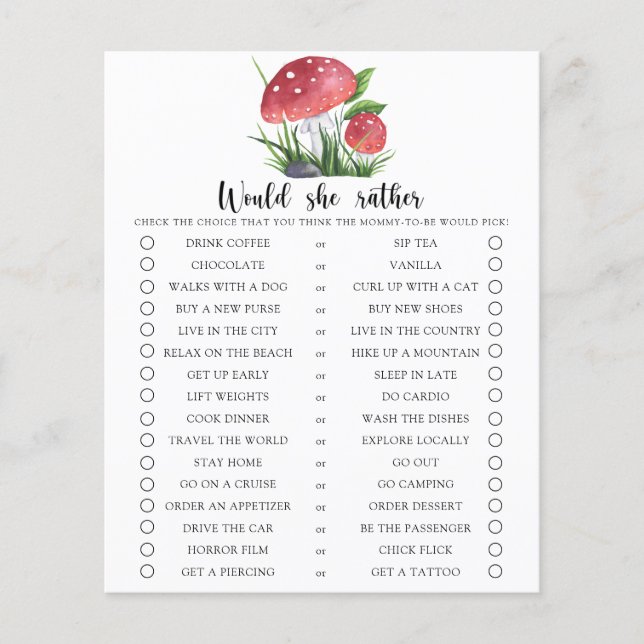 Lámina Mushroom Preferiría Un Juego De Baby Shower (Anverso)