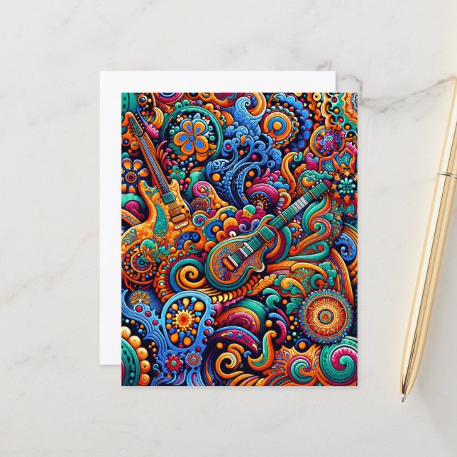 Lámina Música Retro Colorida y Psicodélica con guitarra b (Anverso/Reverso In Situ)
