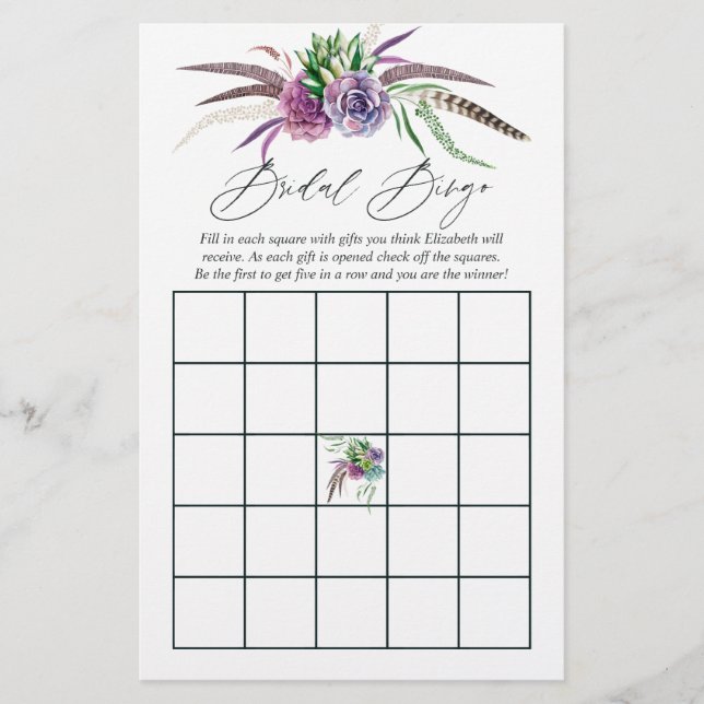 Lámina Mystical Boho Succulum Bridal Shower Bingo (Anverso)