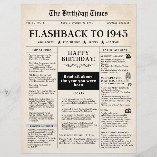 Lámina Nacido en 1945 en el periódico burlón sepia (Anverso)