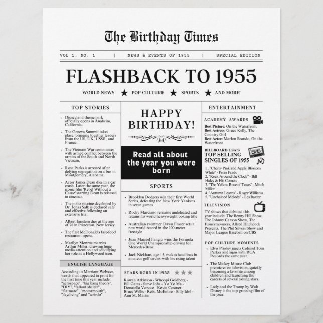 Lámina Nacido en 1955 en blanco y negro, periódico burlón (Anverso)