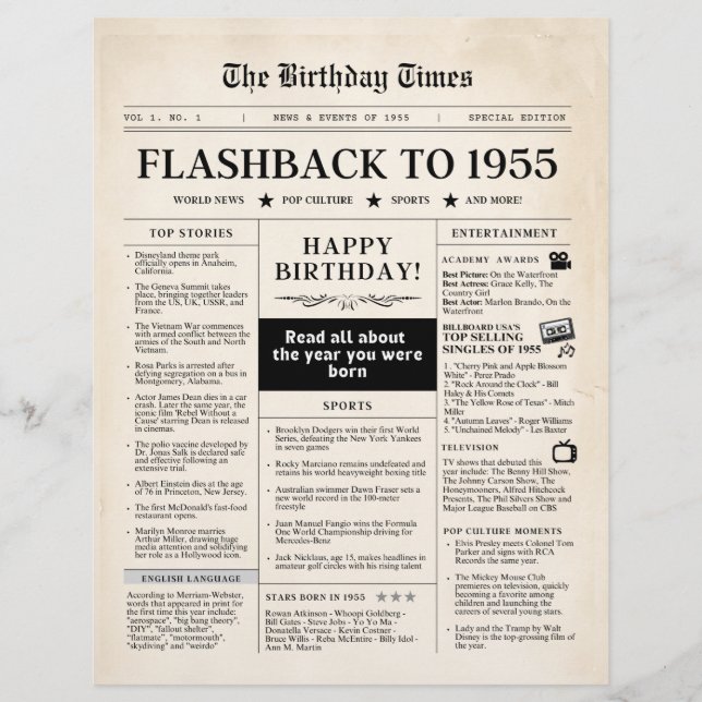 Lámina Nacido en 1955 en un periódico de imitación por 70 (Anverso)