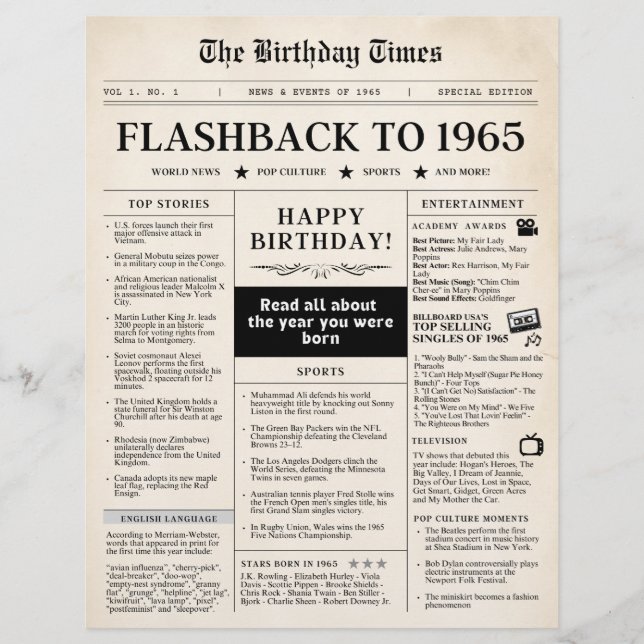 Lámina Nacido en 1965 en un periódico de imitación por 60 (Anverso)
