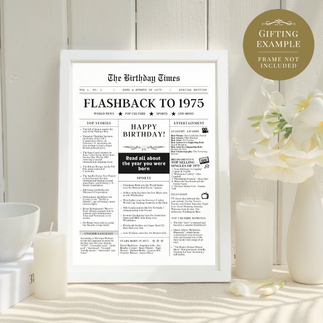 Lámina Nacido en 1975 en blanco y negro, periódico burlón (Flashback to 1975, mock newspaper from the year you were born. Can be framed to create a unique gift)