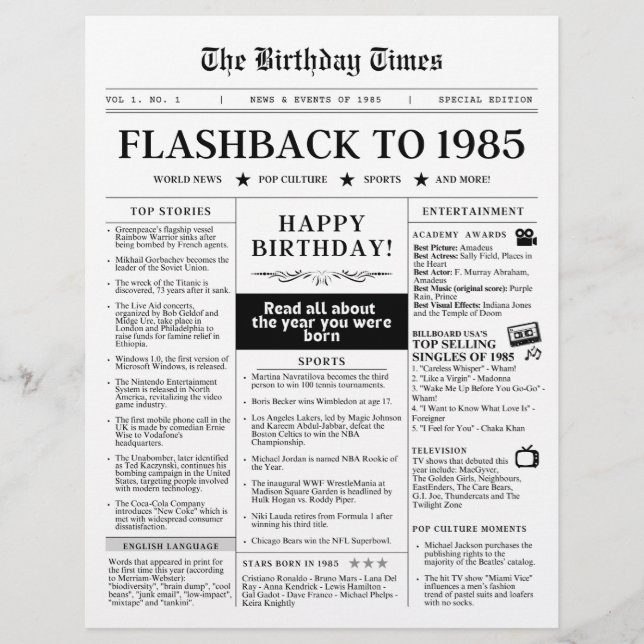 Lámina Nacido en 1985 en blanco y negro, periódico burlón (Anverso)