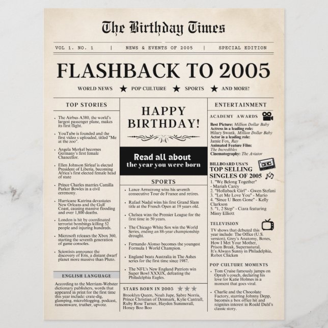 Lámina Nacido en 2005 en el periódico burlón sepia (Anverso)