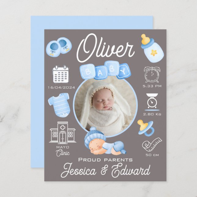 Lámina Nacimiento Nacido Nacimiento Gris Azul Recién Naci (Anverso / Reverso)