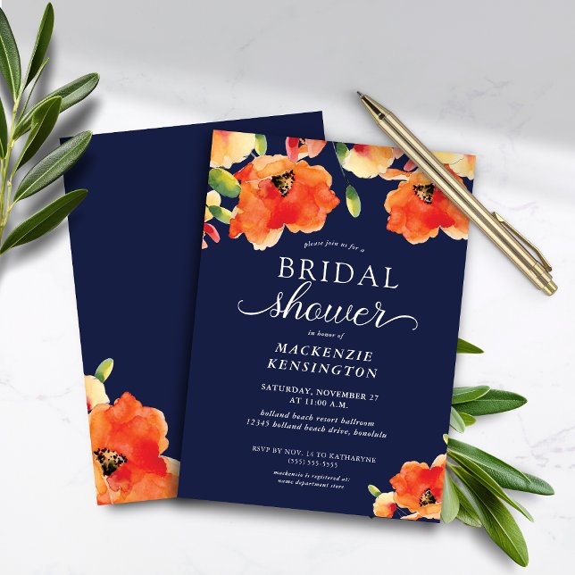 Lámina Naranja azul de la marina de presupuesto duchador  (Budget Navy Blue Orange Poppy Bridal Shower Invitation)