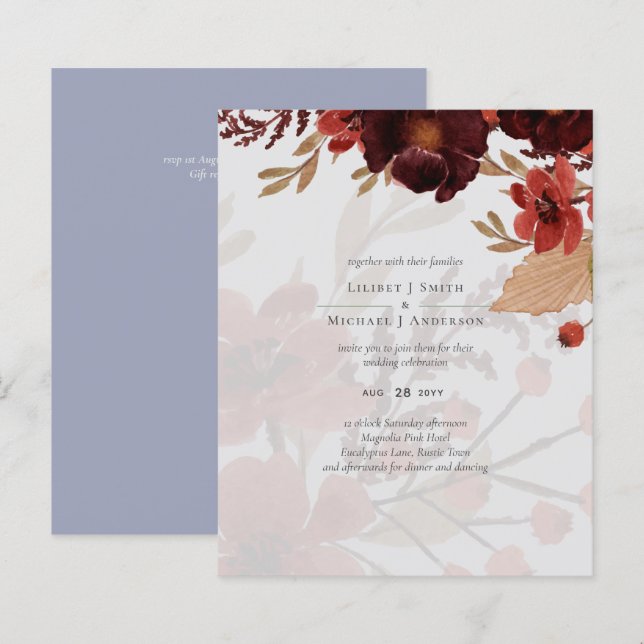 Lámina Naranja Borgoña  otoño Boda floral (Anverso / Reverso)