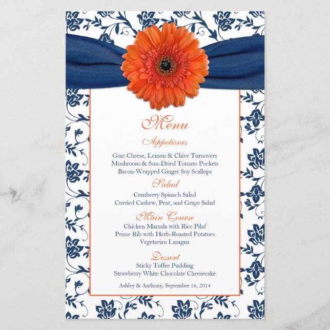 Lámina Naranja Daisy Navy Blue Damask Wedding Carta de me (Anverso)