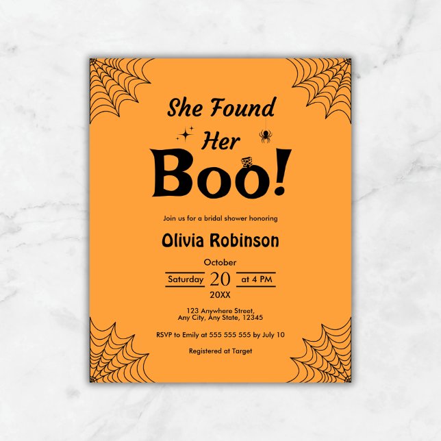 Lámina Naranja de presupuesto Invitación a la ducha de no (Budget Orange She Found Her Boo Halloween Bridal Shower Invitation  )