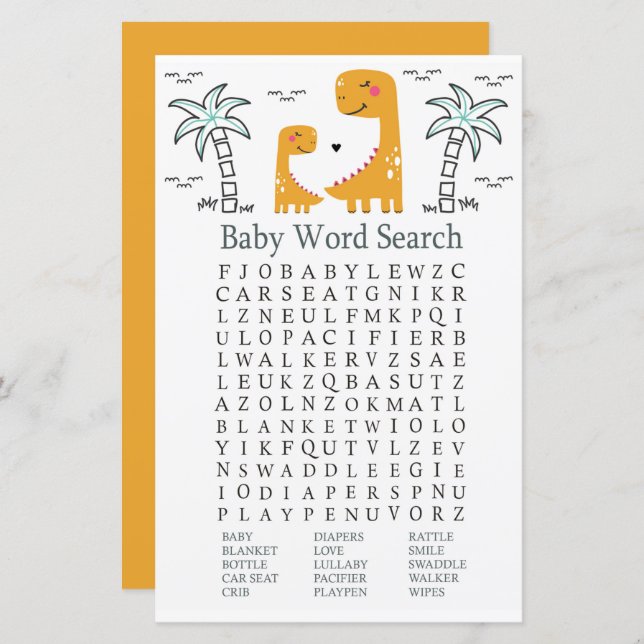 Lámina Naranja Dinosaur Baby Shower Word Search Game (Anverso / Reverso)