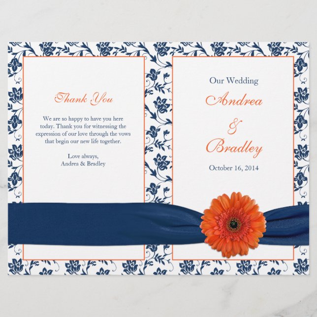 Lámina Naranja Gerber Daisy Navy Damask Wedding Program (Anverso)