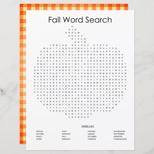Lámina Naranja Gingham Pumpkin Caer en Word Search (Anverso / Reverso)