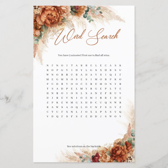 Lámina Naranja quemado burgundy verde pampas Word Search (Anverso)