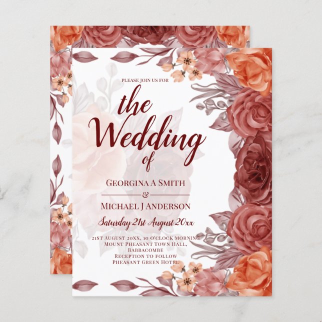 Lámina Naranja Quemado FALL BODA Botánico Floral (Anverso / Reverso)