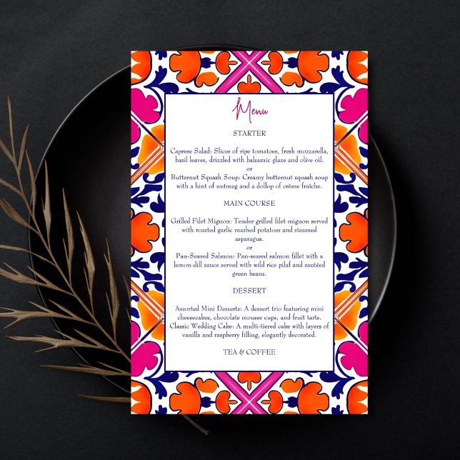 Lámina Naranja rosa Talavera vintage carta mexicana (Pink orange blue folk Talavera Spanish vintage Mexican wedding menu card personalized table decor )