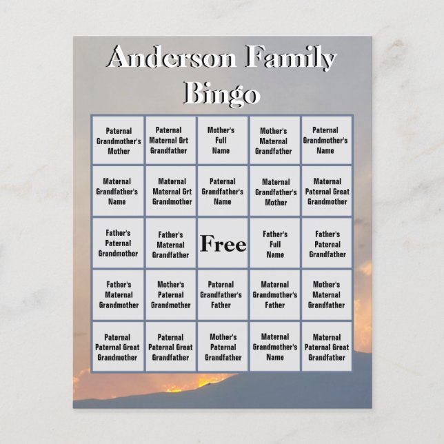Lámina Naranja Sunset and Mountain Family Photo Bingo (Anverso)