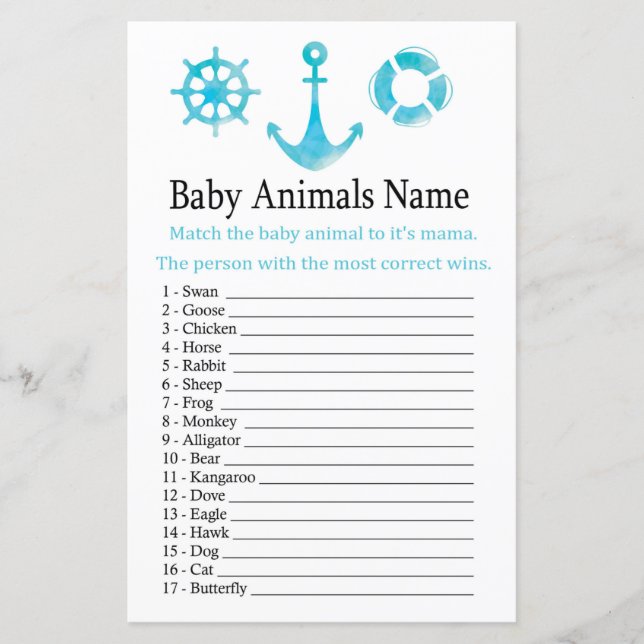 Lámina Nautical Anchor Baby Animals Nombre Juego (Anverso)