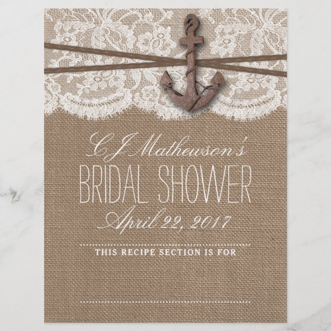 Lámina Nautical Anchor Beach Bridal Shower Recipe Divisor (Anverso)