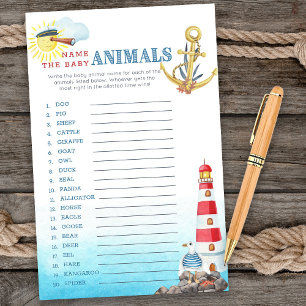 Lámina Nautical Baby Shower nombra el juego de los animal