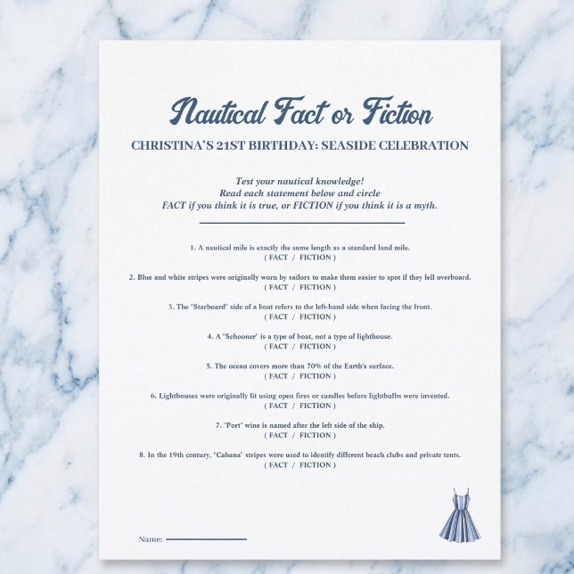 Lámina Nautical Fact or Fiction Birthday Party Game Sheet (Stripes sea and summer fun.)