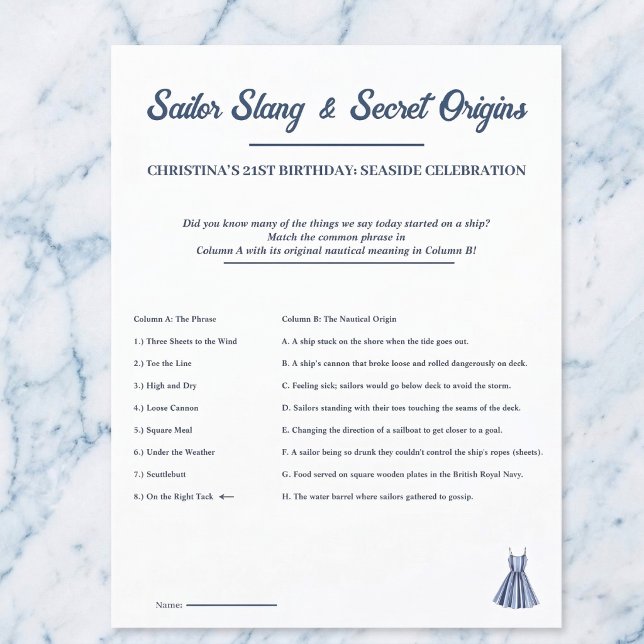 Lámina Nautical Sailor Slang Birthday Game One Sheet (Master the sea's secret slang.)